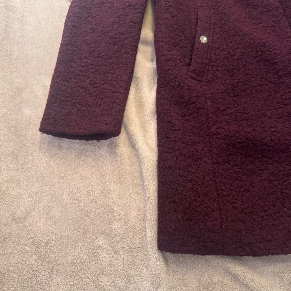 LOFT Burgundy Boucle Long Coat Gold Hardware Funnel Neck Fall Jacket SZ L - Picture 5 of 14